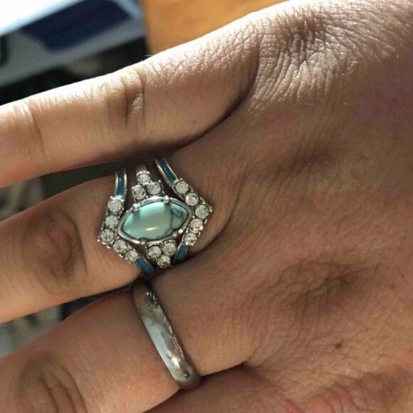 Western Bohemian Navajo Turquoise Wedding Engagement Ring Diamond Ring Set - Picture 9 of 12